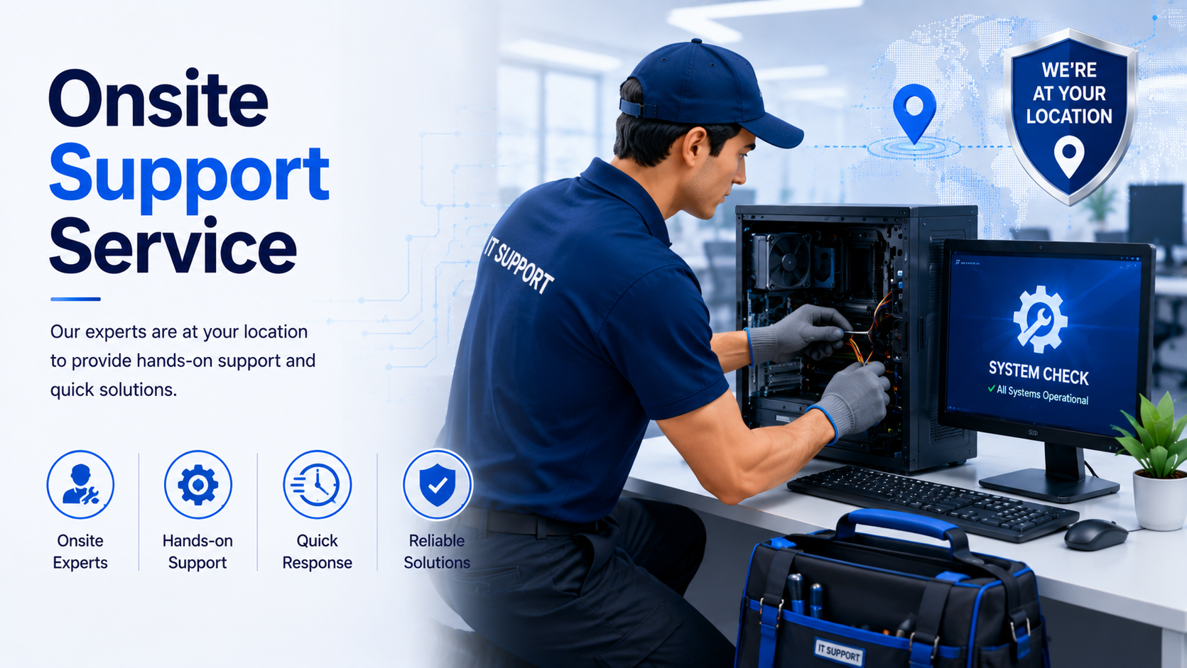 Onsite support service visual with technician repairing office computer